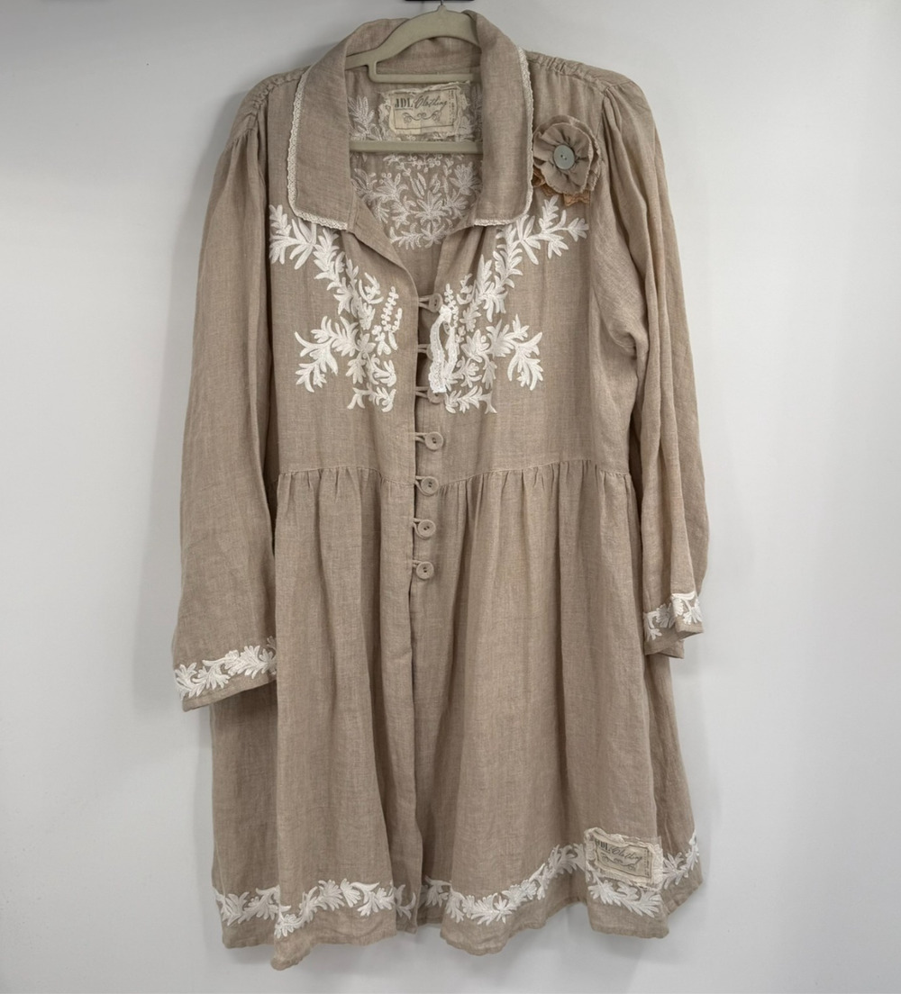 Jeanne D'Arc Living JDL Linen Jacket Women XL Beige Embroidered Peasant Boho
